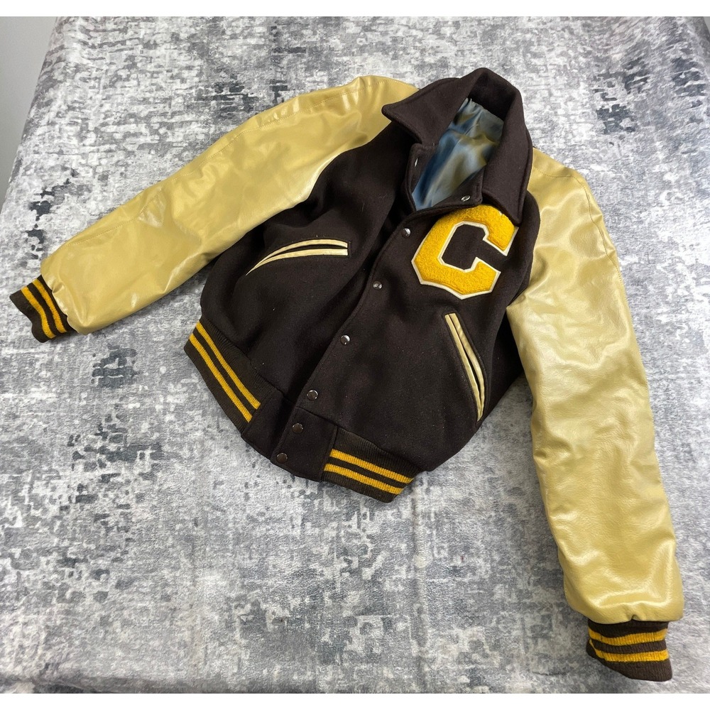 Vintage Letterman Jacket Mens M Brown Wool Yellow Leather C Patch Varsity